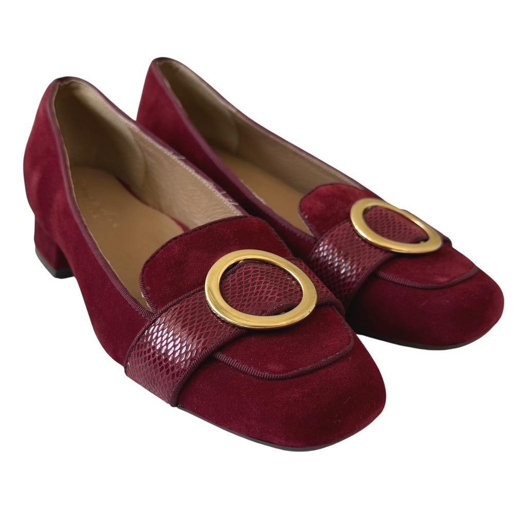 Bettye Muller Concepts Garbo Suede Block Burgundy Heel Loafers Gold Buckle 9 New